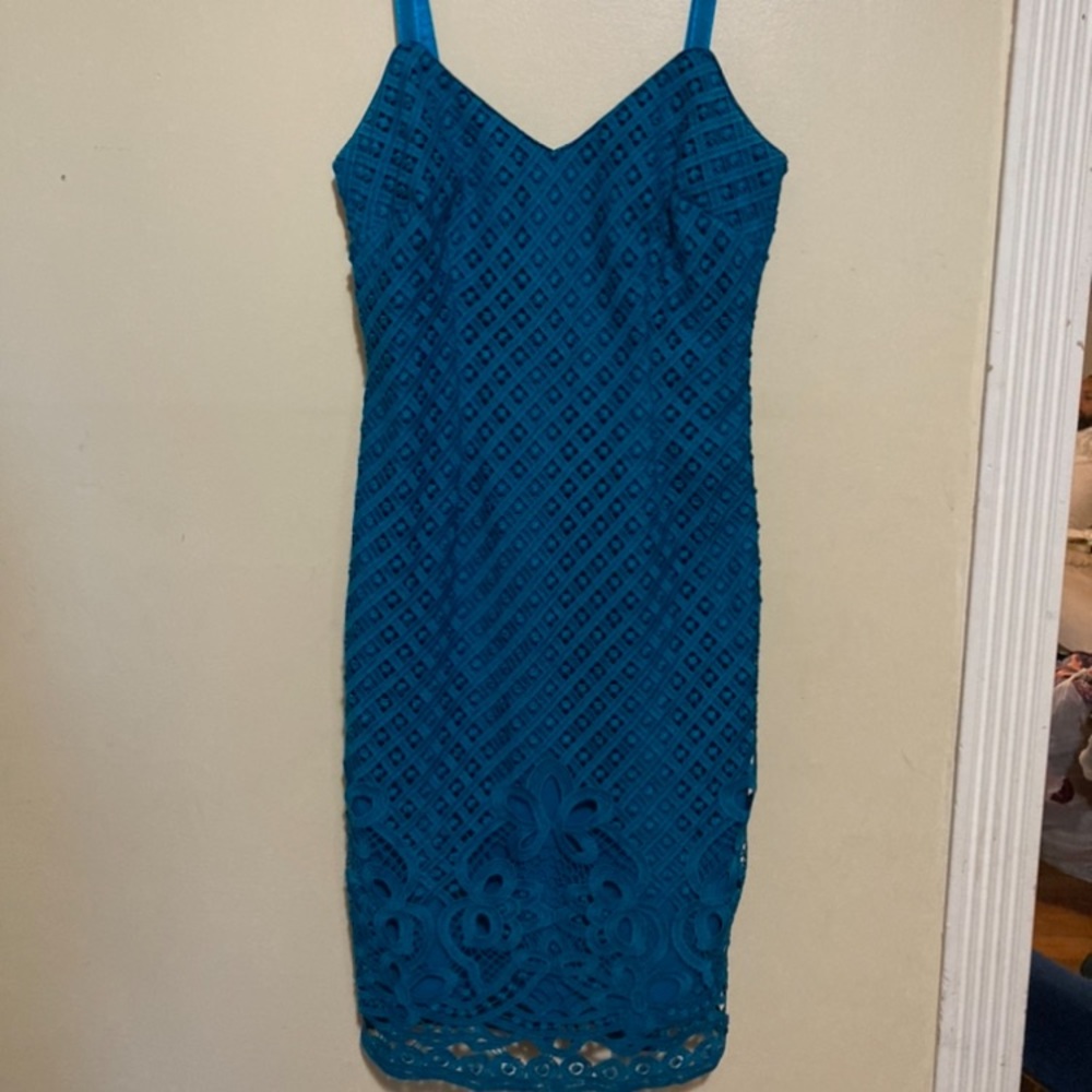 5-5 WHBM dress blue Sleeveless Sheath Cocktail Party 0 Lace - Picture 5 of 5